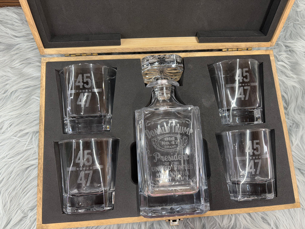 Laser Engraved 45-47 Decanter Set | Premium Gift Box with 4 Whiskey Glasses & Decanter – $120