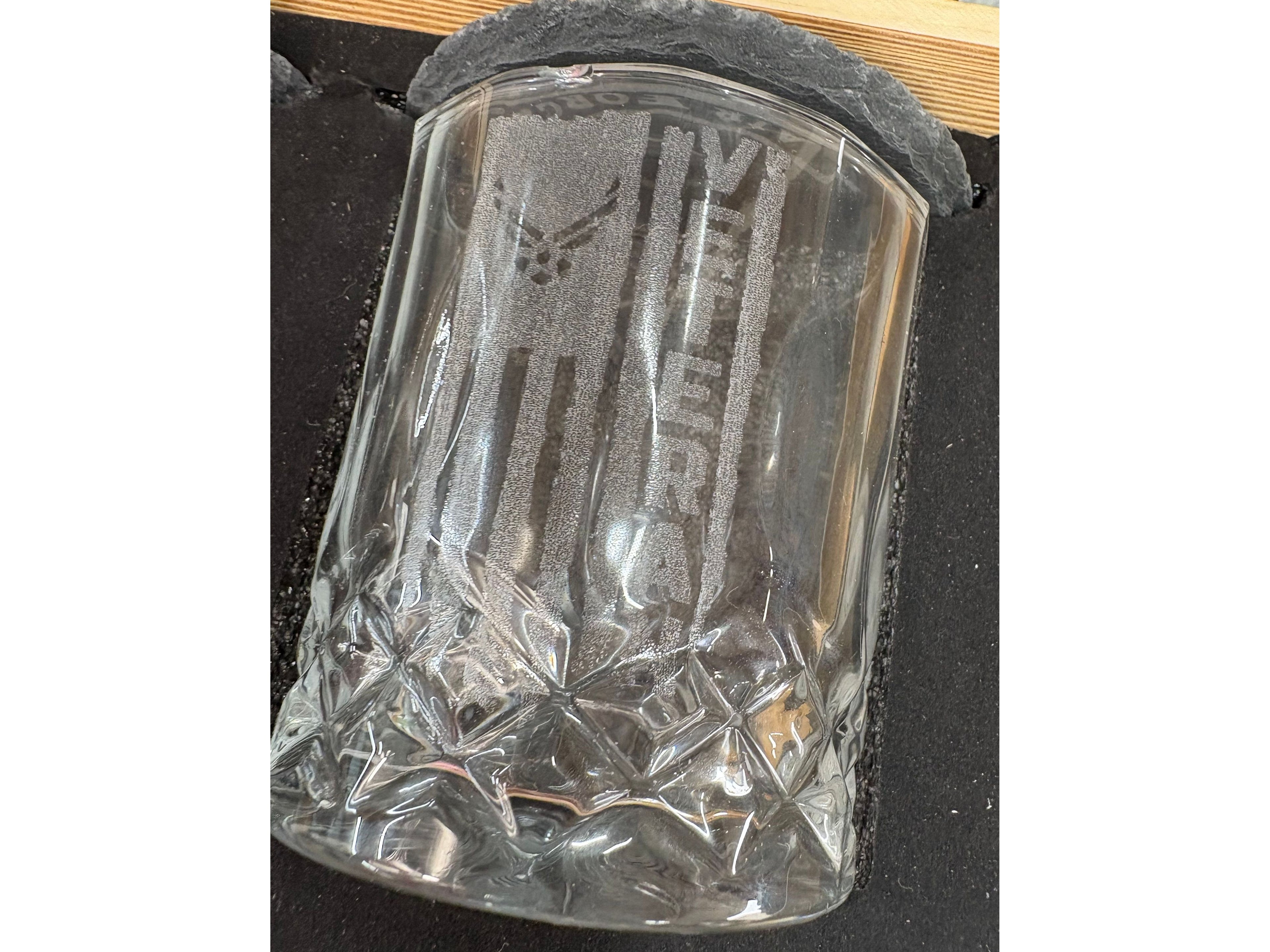 USAF Veteran Whiskey Gift Set | 2 Glasses, 2 Coasters, 8 Whiskey Stones and Velvet Bag