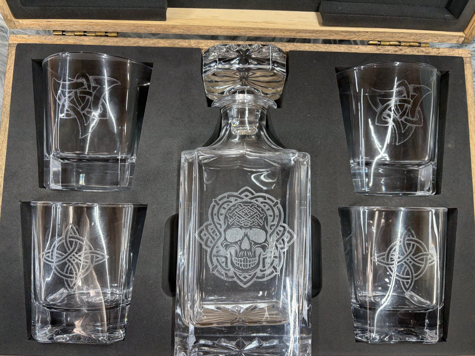 Whiskey Bent Decanter Set | Laser Engraved Wooden Gift Box with 4 Glasses & Decanter – $120