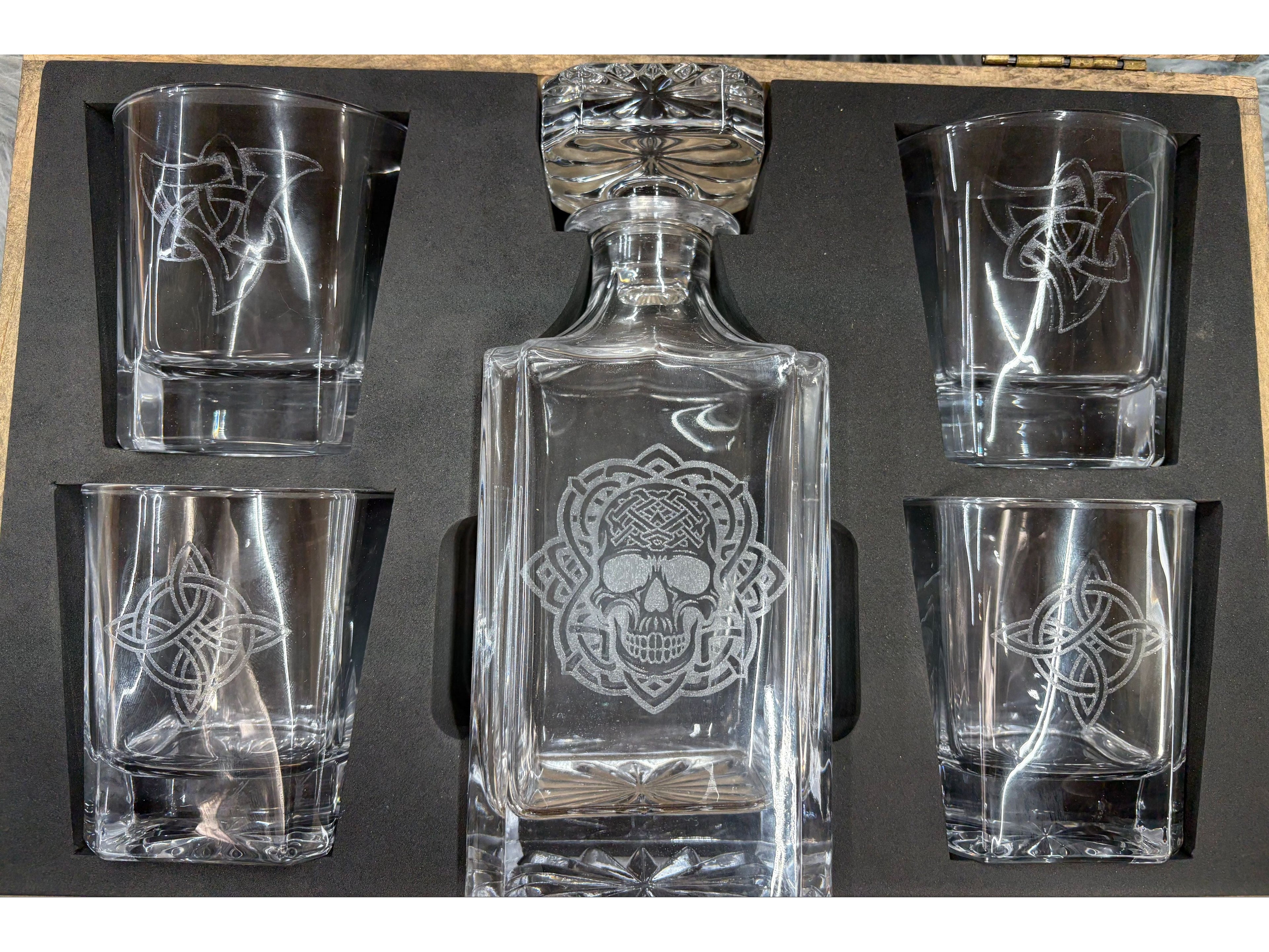 Whiskey Bent Decanter Set | Laser Engraved Wooden Gift Box with 4 Glasses & Decanter – $120