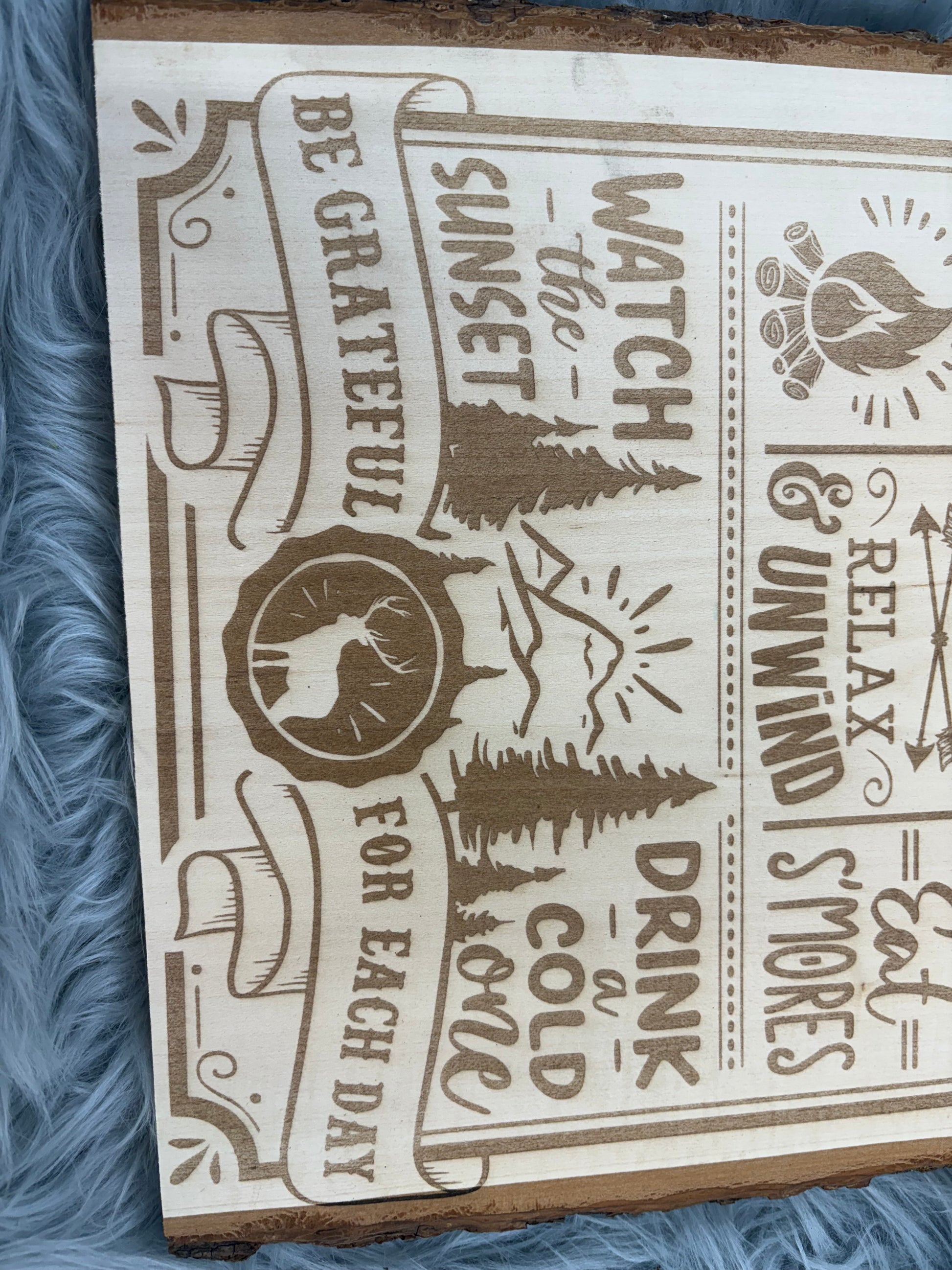 Live Edge “Camping Rules” Sign | Laser Engraved Rustic Wood Wall Art | 16" x 11.5" | $35