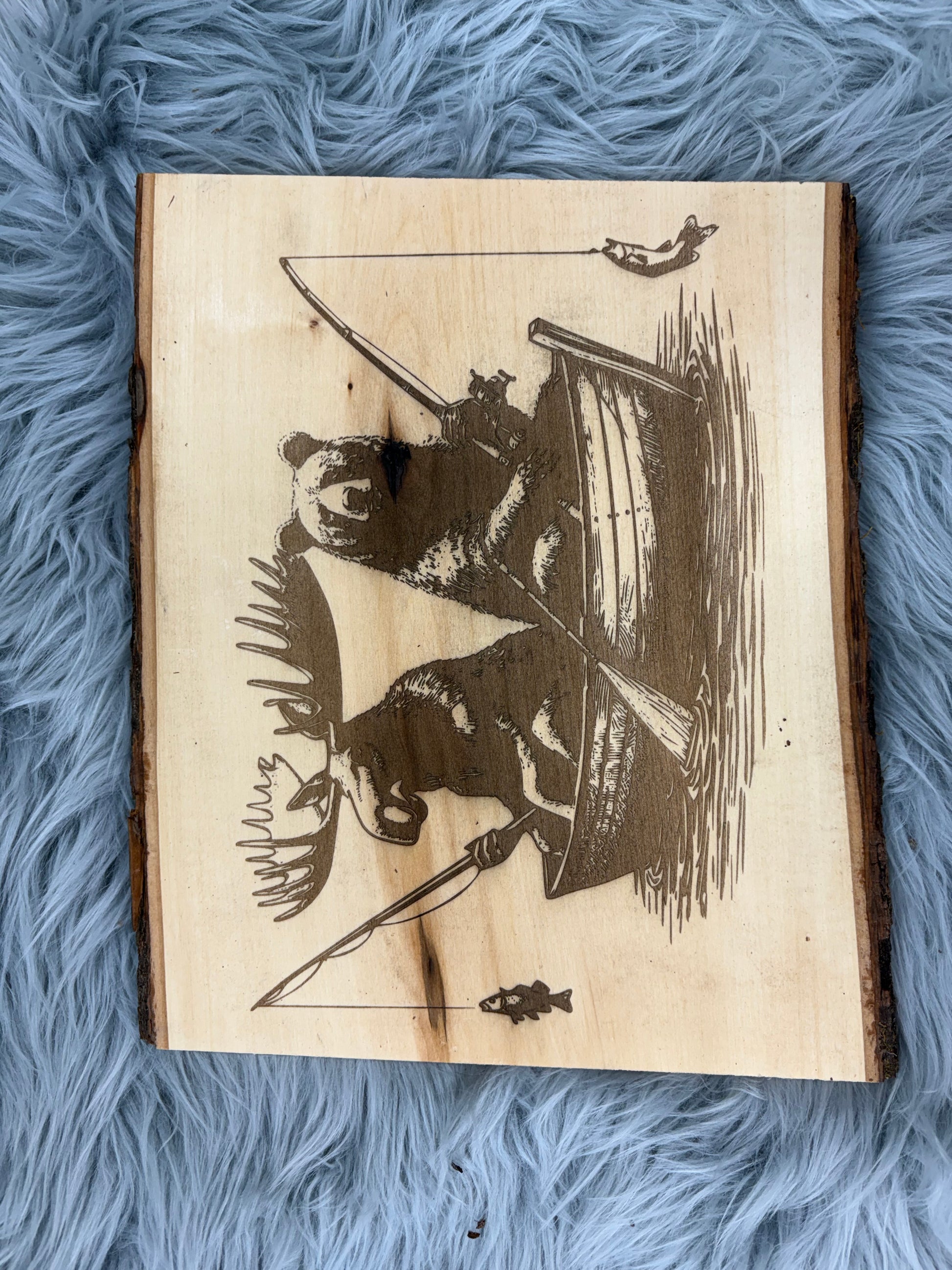 Live Edge Bear & Moose Fishing in a Boat | Laser Engraved Cabin Wall Art | 11" x 13" | $35