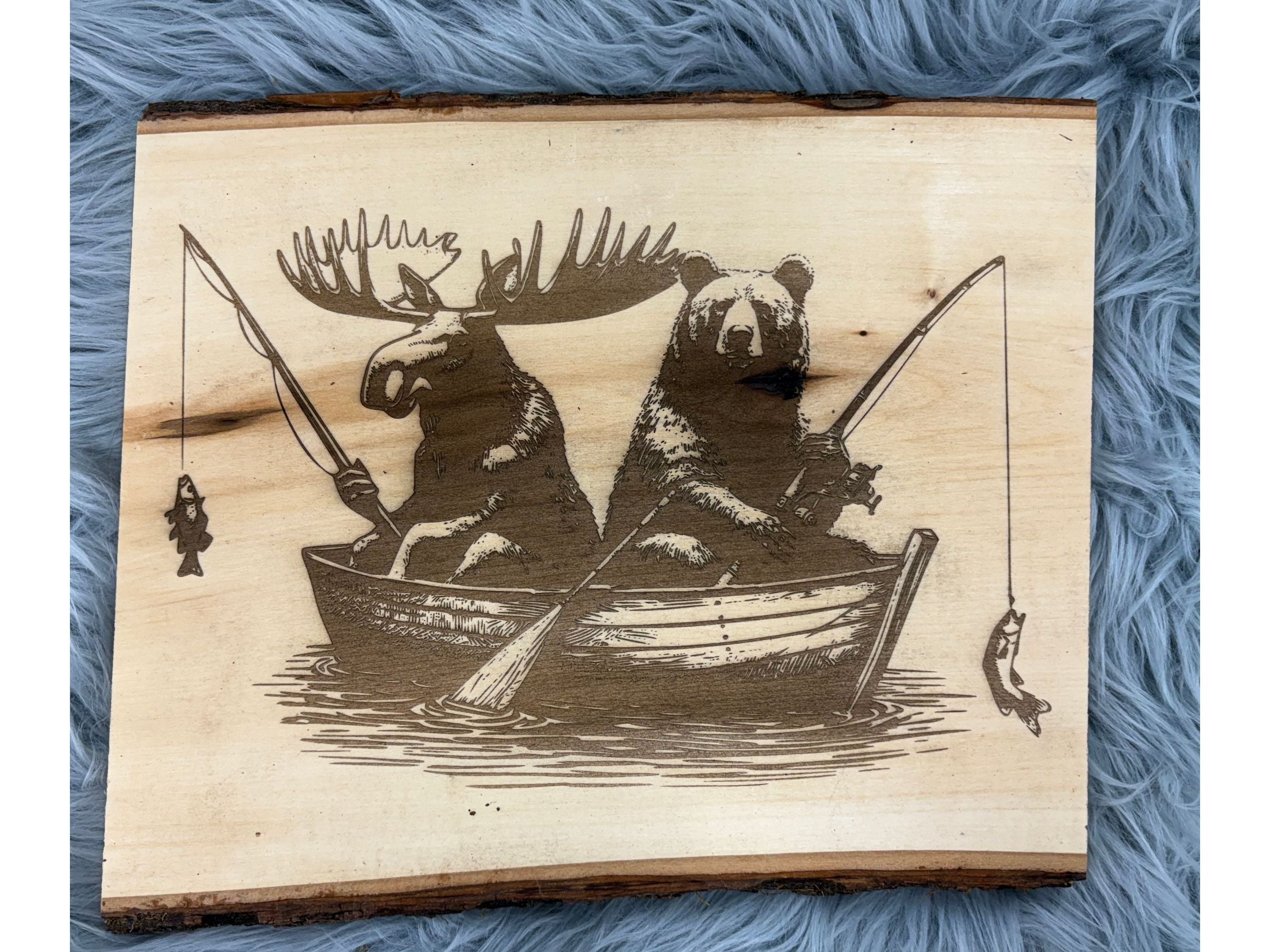 Live Edge Bear & Moose Fishing in a Boat | Laser Engraved Cabin Wall Art | 11" x 13" | $35