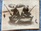 Live Edge Bear & Moose Fishing in a Boat | Laser Engraved Cabin Wall Art | 11" x 13" | $35