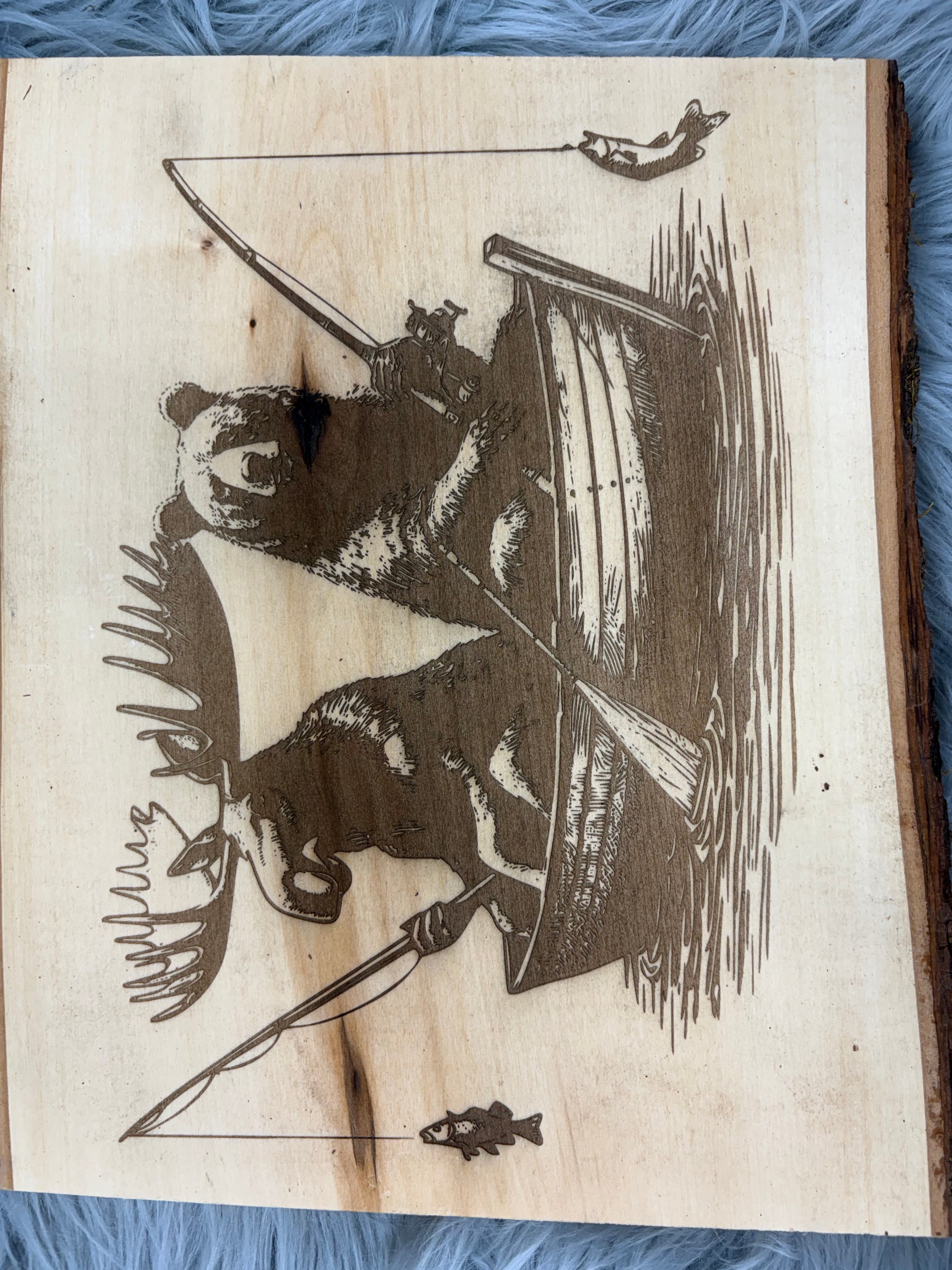 Live Edge Bear & Moose Fishing in a Boat | Laser Engraved Cabin Wall Art | 11" x 13" | $35