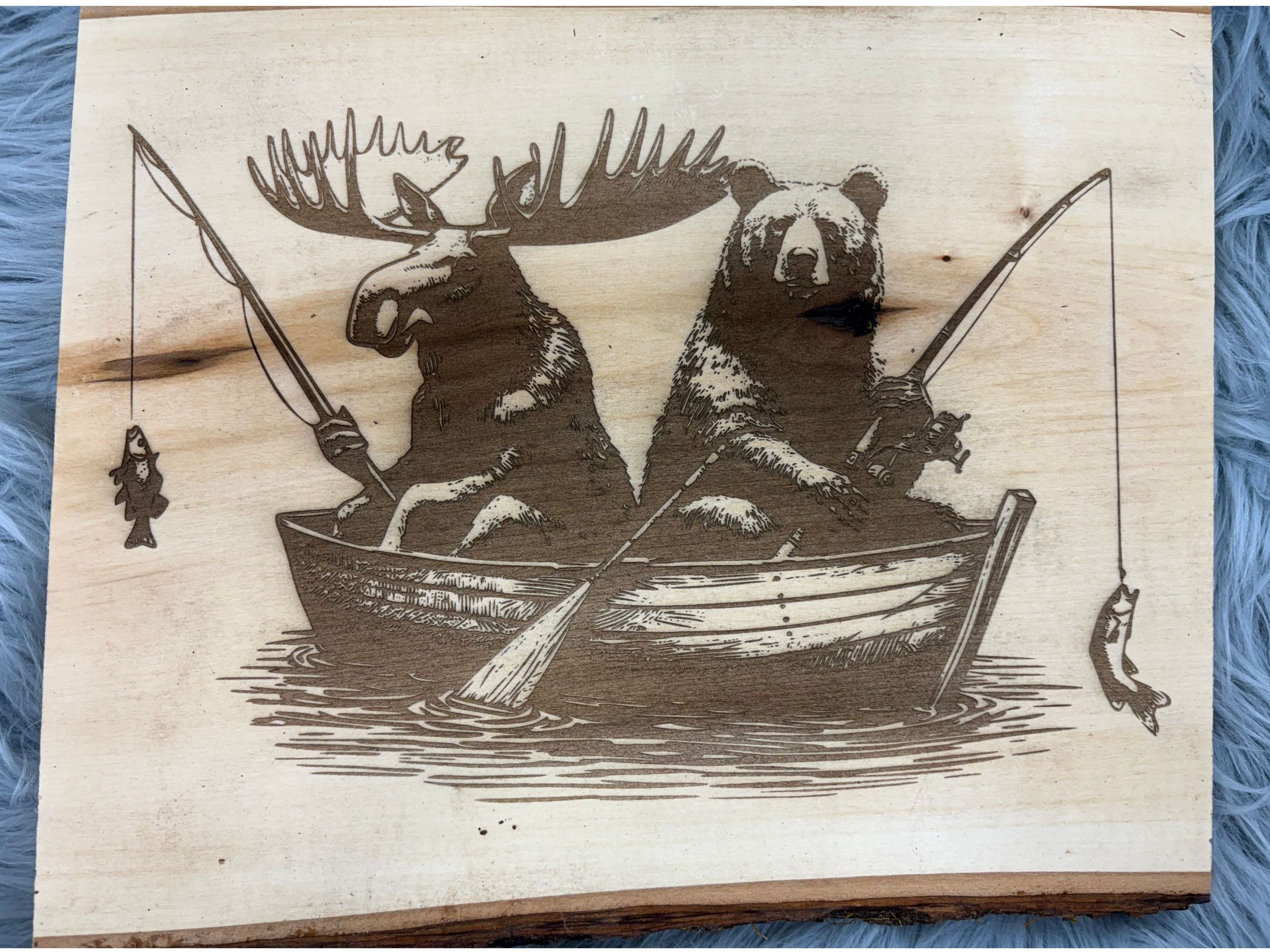Live Edge Bear & Moose Fishing in a Boat | Laser Engraved Cabin Wall Art | 11" x 13" | $35