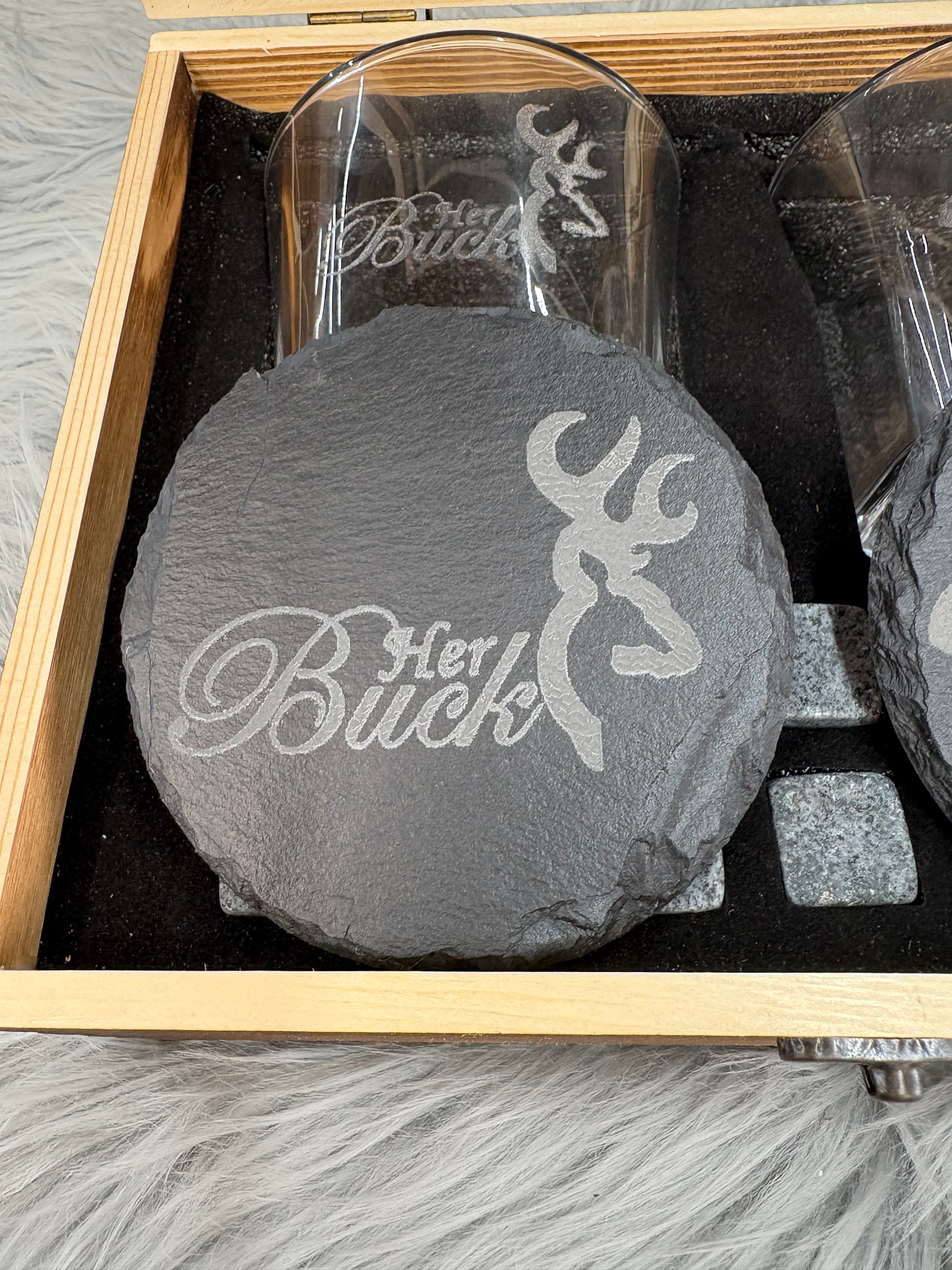 His Buck & Her Doe Whiskey Gift Set | Deer Love Laser Engraved Box – 2 Glasses, Coasters, Whiskey Stones & Velvet Bag