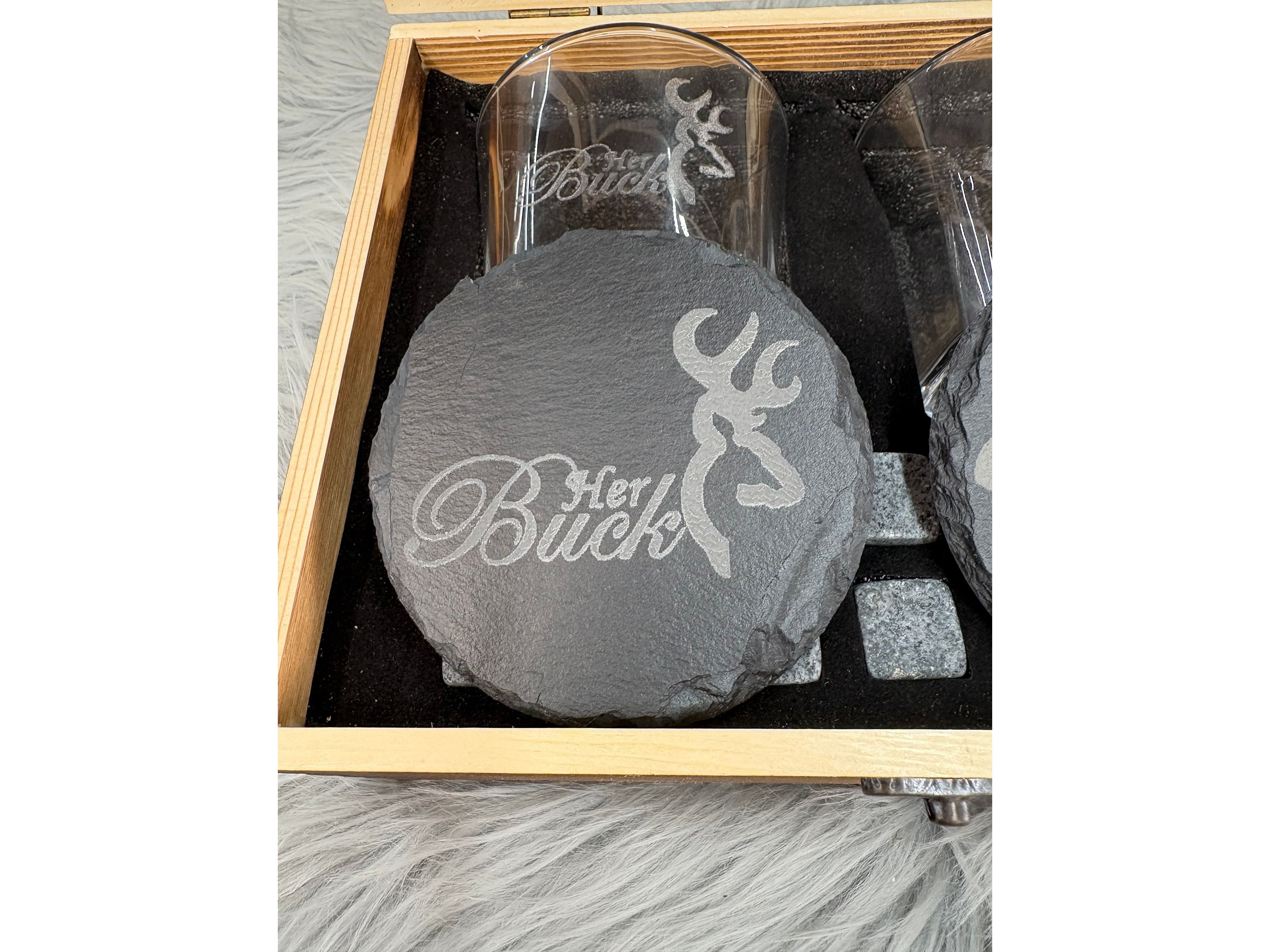 His Buck & Her Doe Whiskey Gift Set | Deer Love Laser Engraved Box – 2 Glasses, Coasters, Whiskey Stones & Velvet Bag