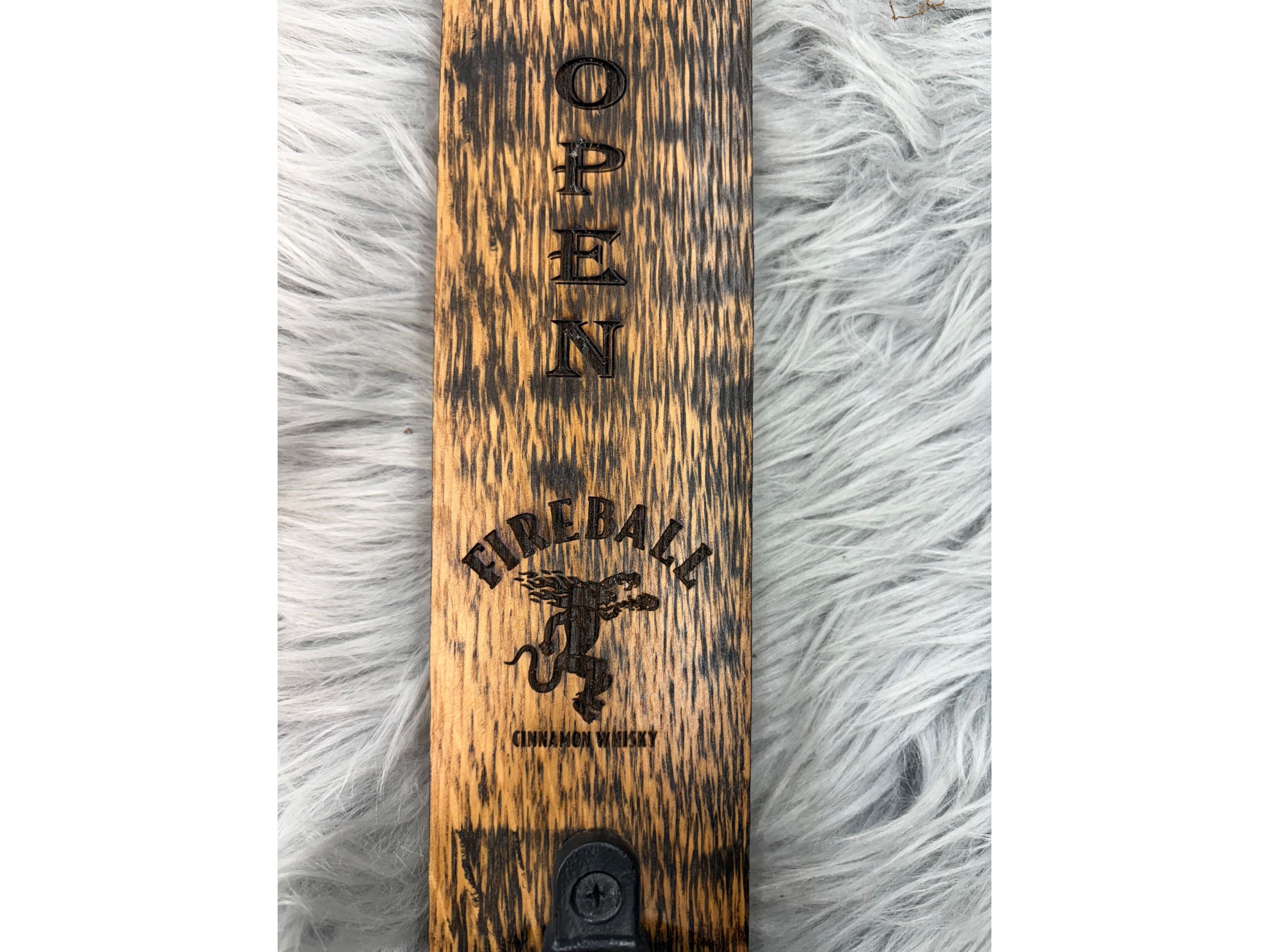 Jack Daniels “Bar Is Open” Wall Sign with Fireball Logo & Bottle Opener | Laser Engraved Whiskey Bar Decor | 17” x 3” | $30