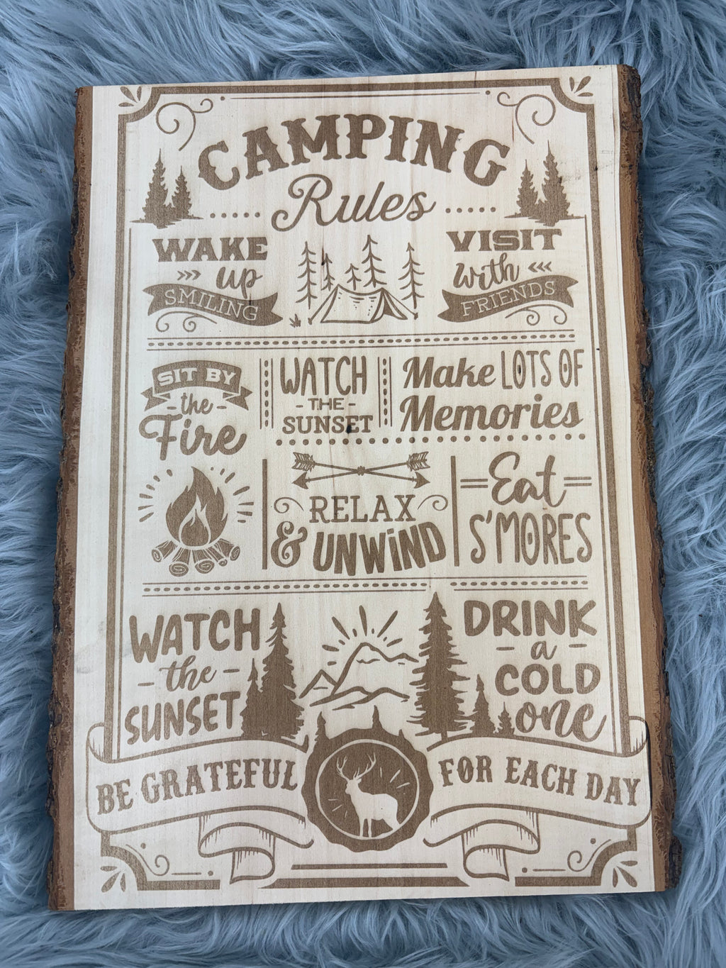 Live Edge “Camping Rules” Sign | Laser Engraved Rustic Wood Wall Art | 16" x 11.5" | $35