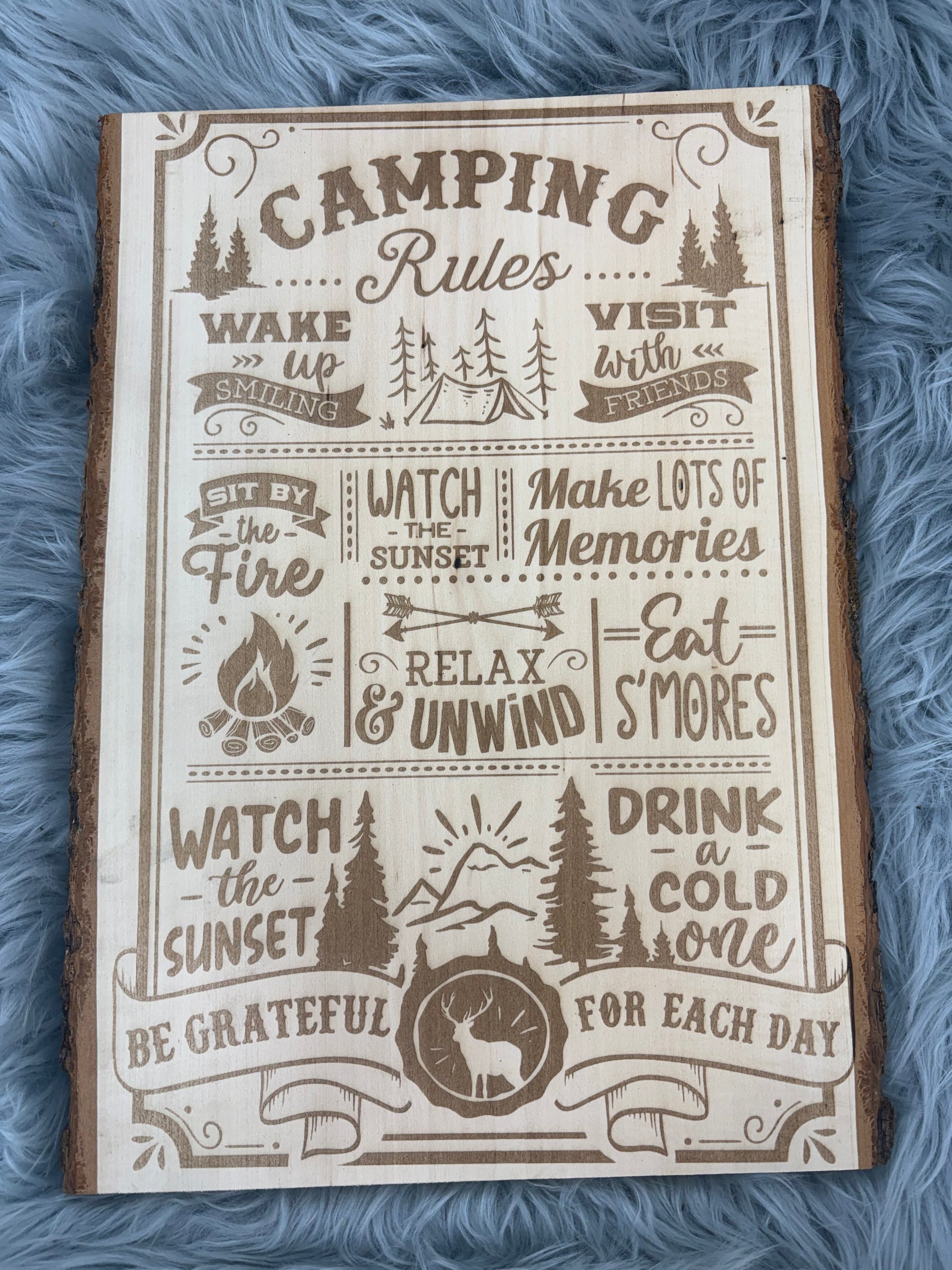Live Edge “Camping Rules” Sign | Laser Engraved Rustic Wood Wall Art | 16" x 11.5" | $35