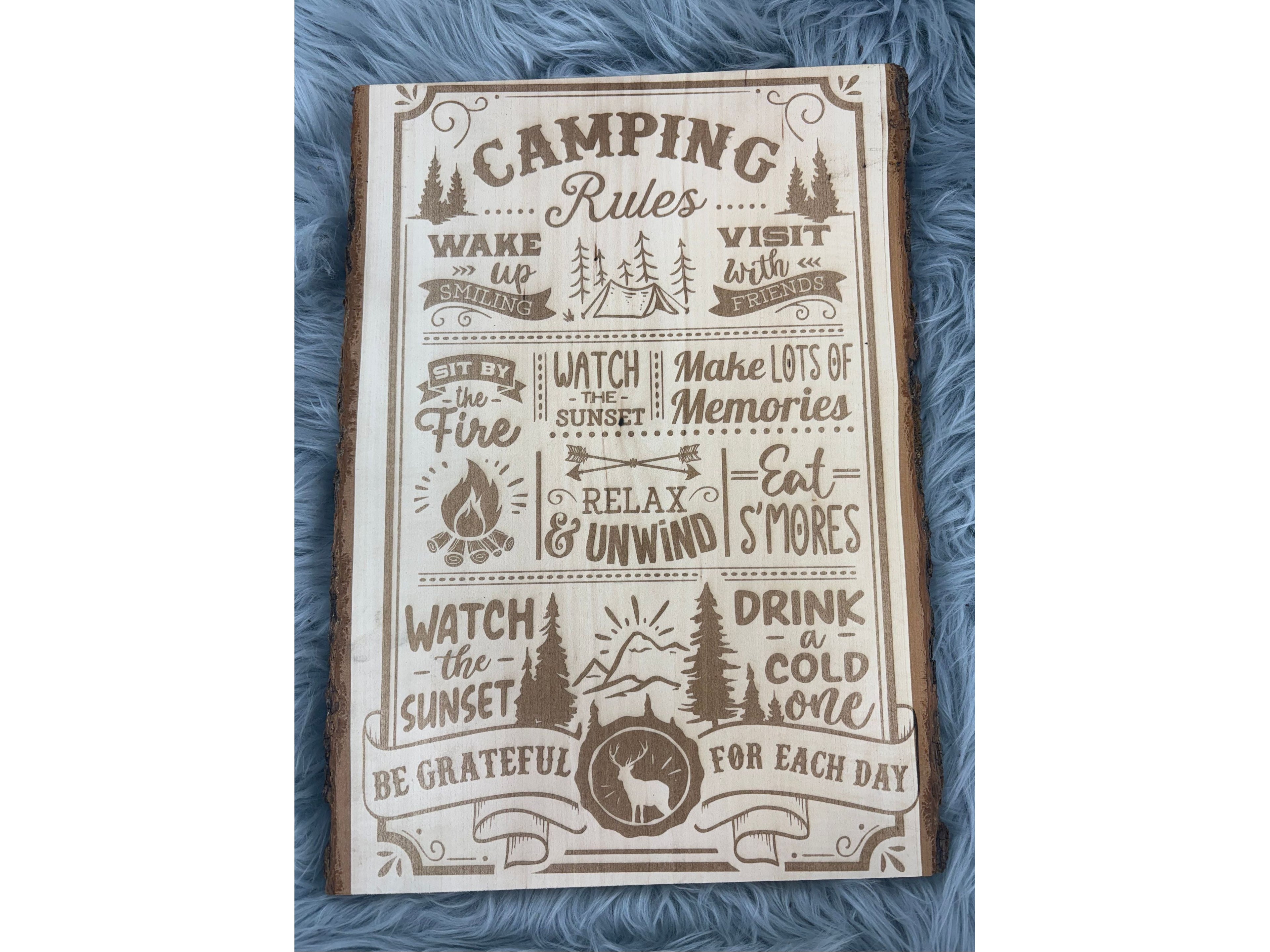 Live Edge “Camping Rules” Sign | Laser Engraved Rustic Wood Wall Art | 16" x 11.5" | $35