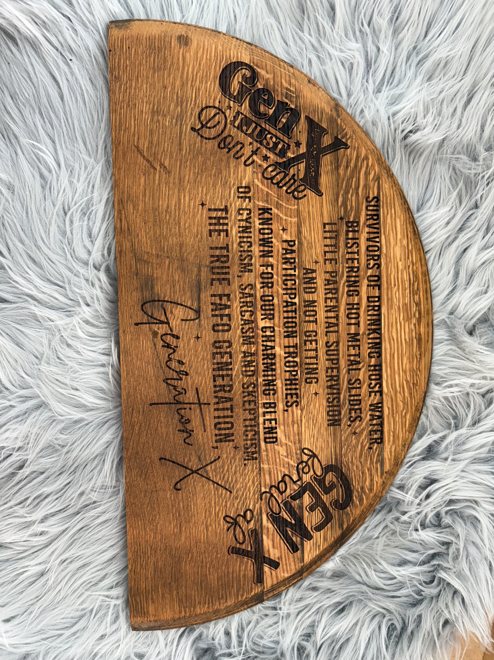 Generation X Whiskey Barrel Stave Wall Art | Laser-Engraved Half Barrel Top Sign – 21” x 11.5”