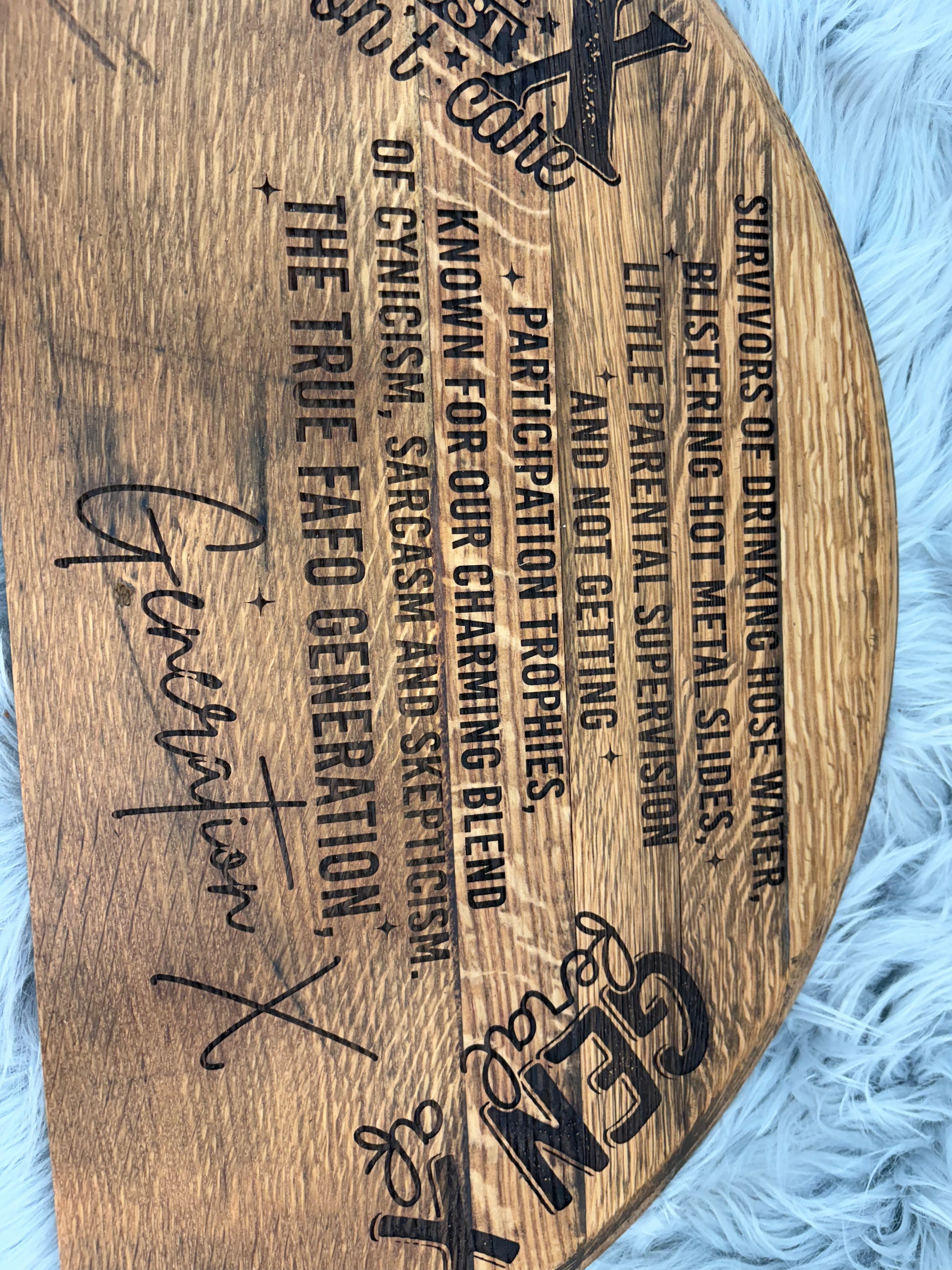 Generation X Whiskey Barrel Stave Wall Art | Laser-Engraved Half Barrel Top Sign – 21” x 11.5”
