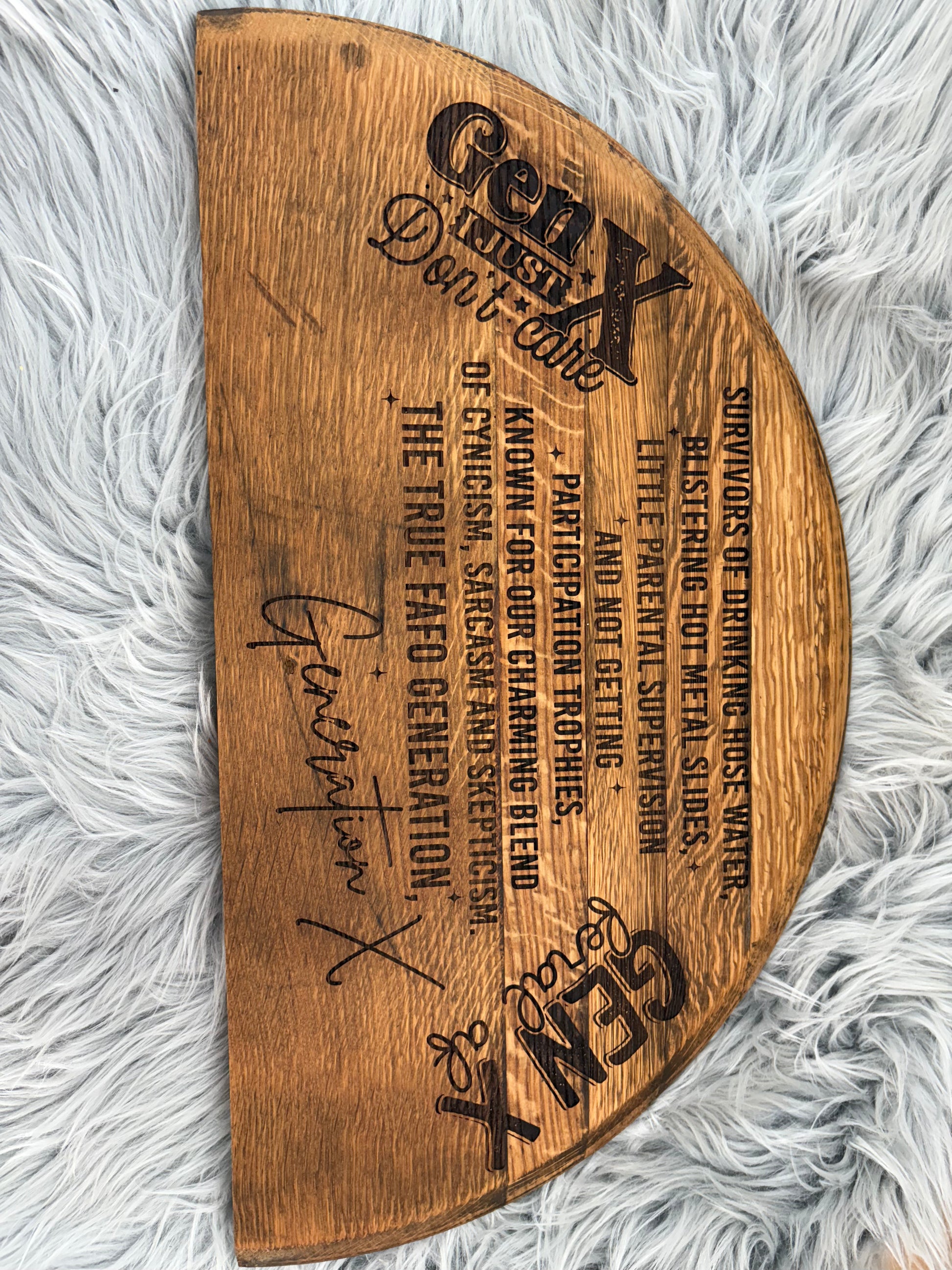 Generation X Whiskey Barrel Stave Wall Art | Laser-Engraved Half Barrel Top Sign – 21” x 11.5”