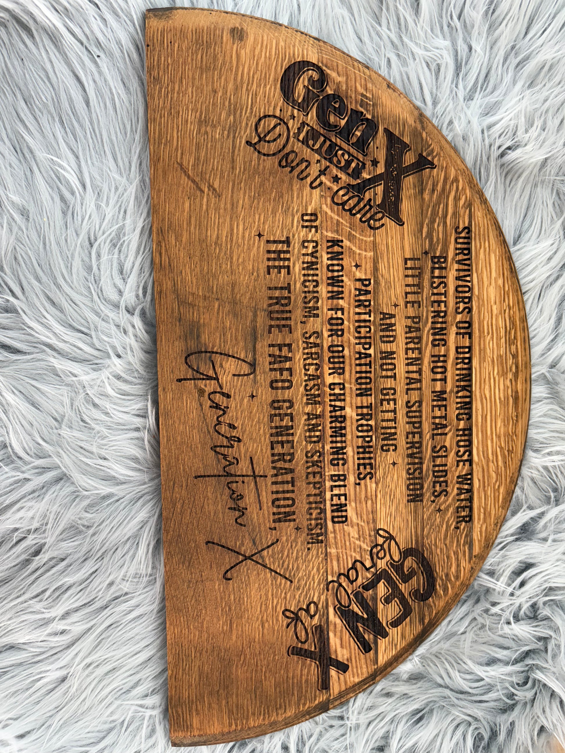 Generation X Whiskey Barrel Stave Wall Art | Laser-Engraved Half Barrel Top Sign – 21” x 11.5”