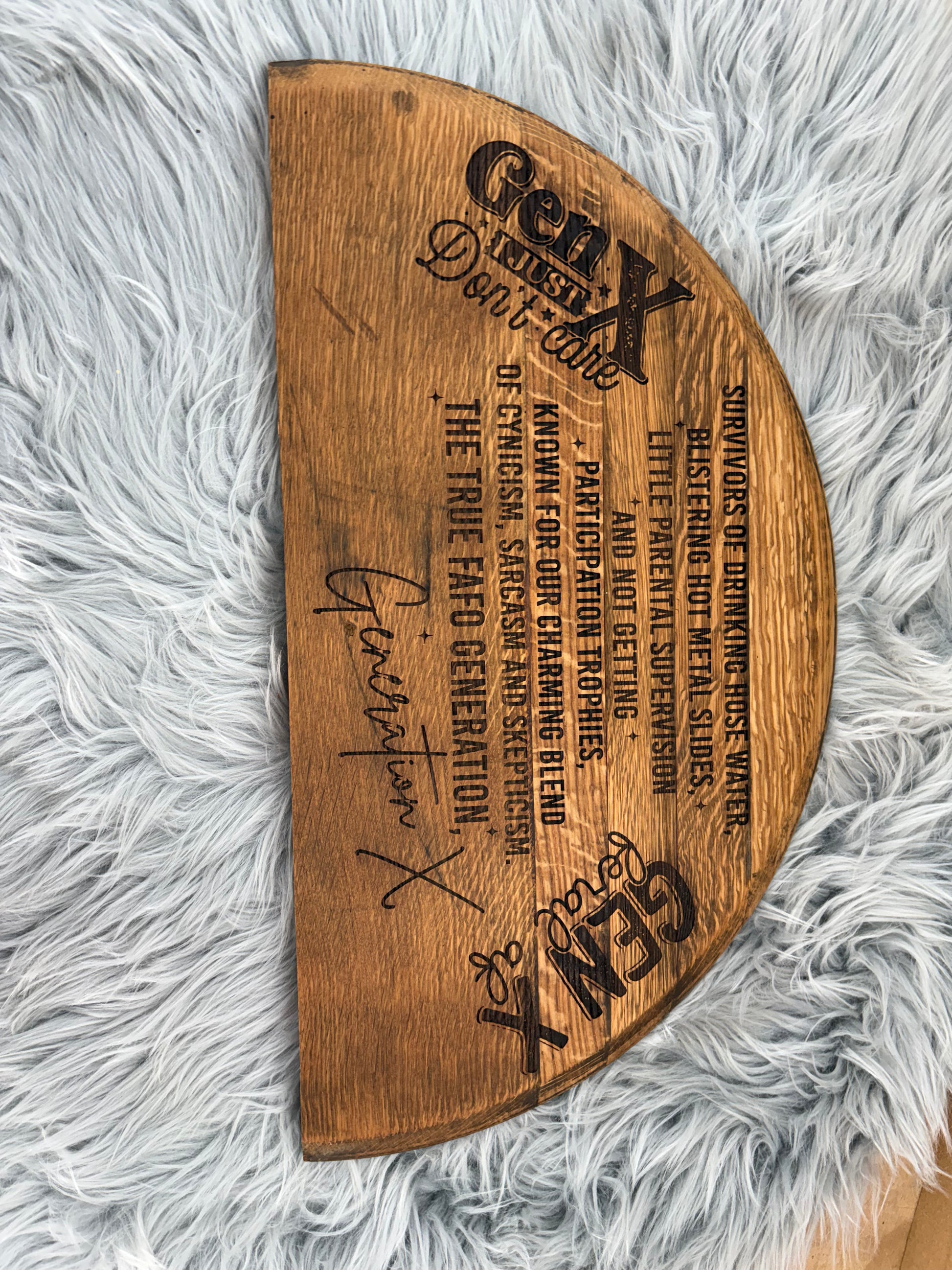 Generation X Whiskey Barrel Stave Wall Art | Laser-Engraved Half Barrel Top Sign – 21” x 11.5”