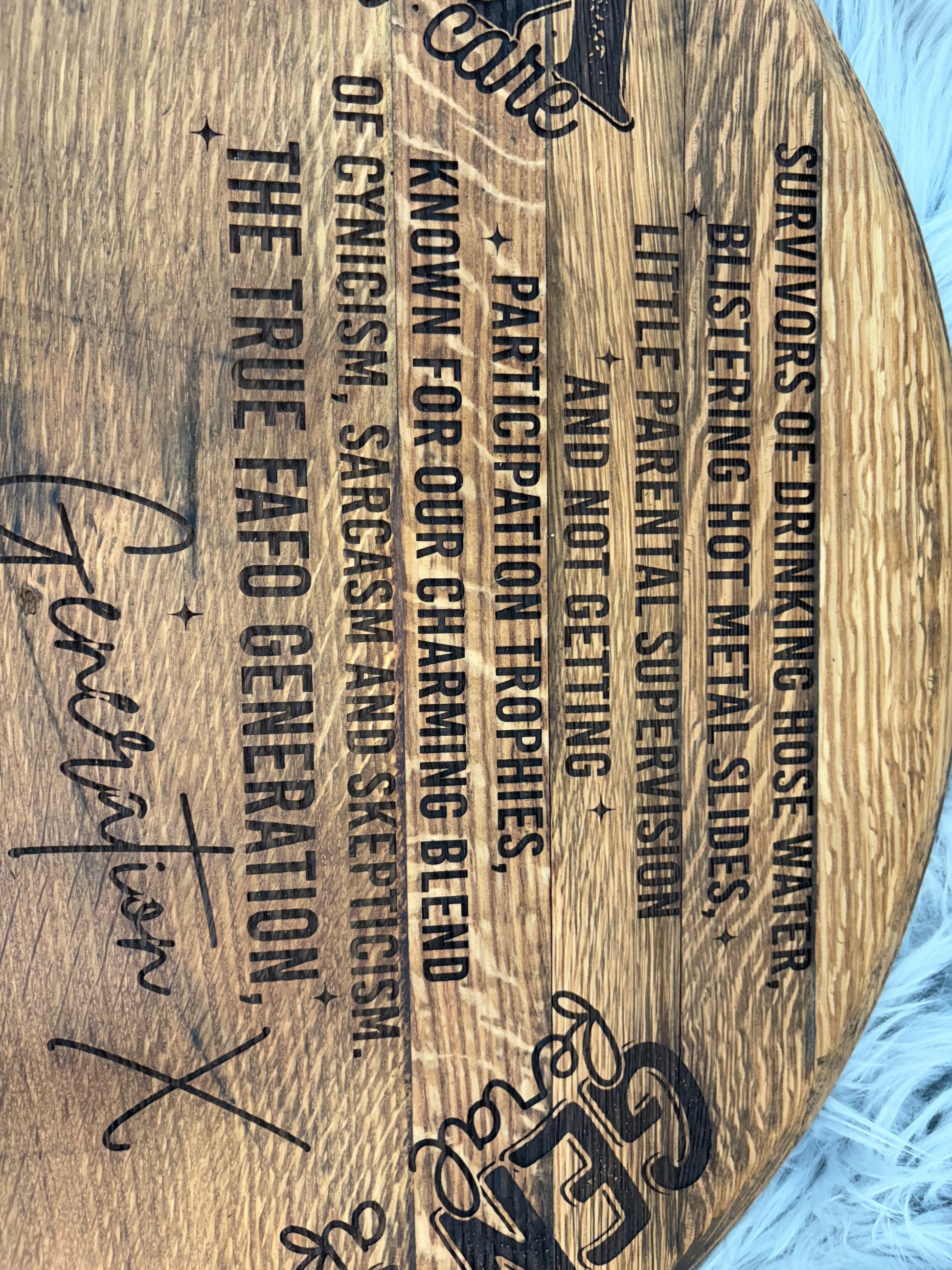 Generation X Whiskey Barrel Stave Wall Art | Laser-Engraved Half Barrel Top Sign – 21” x 11.5”