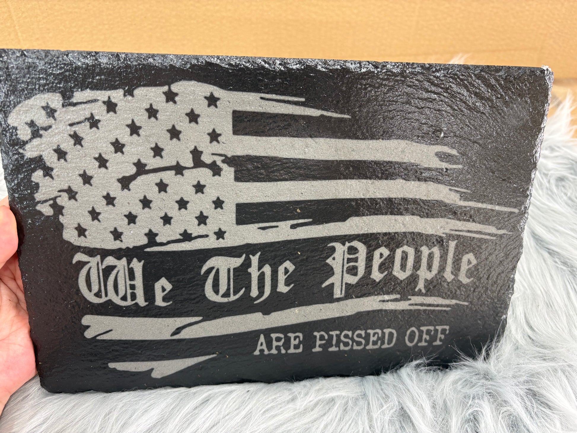 WE THE PEOPLE ARE PISSED OFF Slate Sign – 12"x8" American Flag Patriotic Table Decor – Rustic Political Home Display – Veteran Conservative Gift