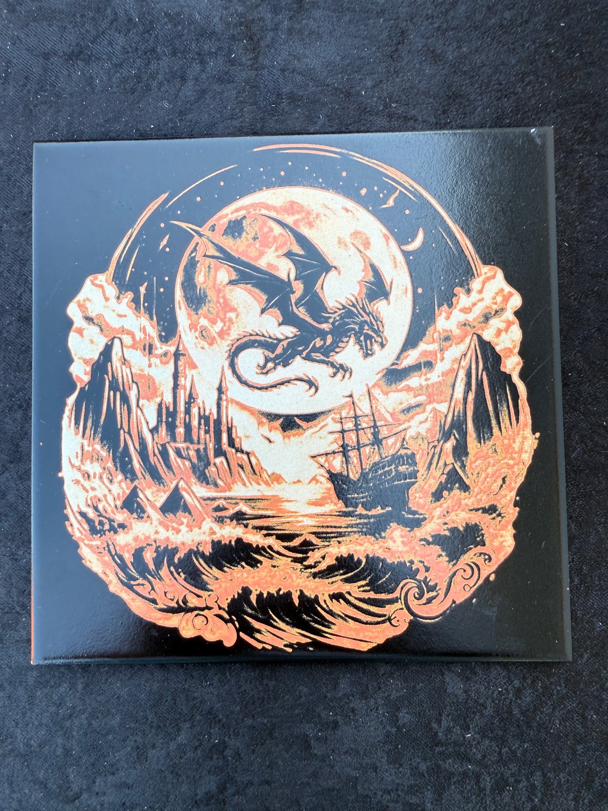 Mystical Dragon Ship Laser Engraved Tile | Moon & Sea Fantasy Art | Gothic Home Decor 8x8