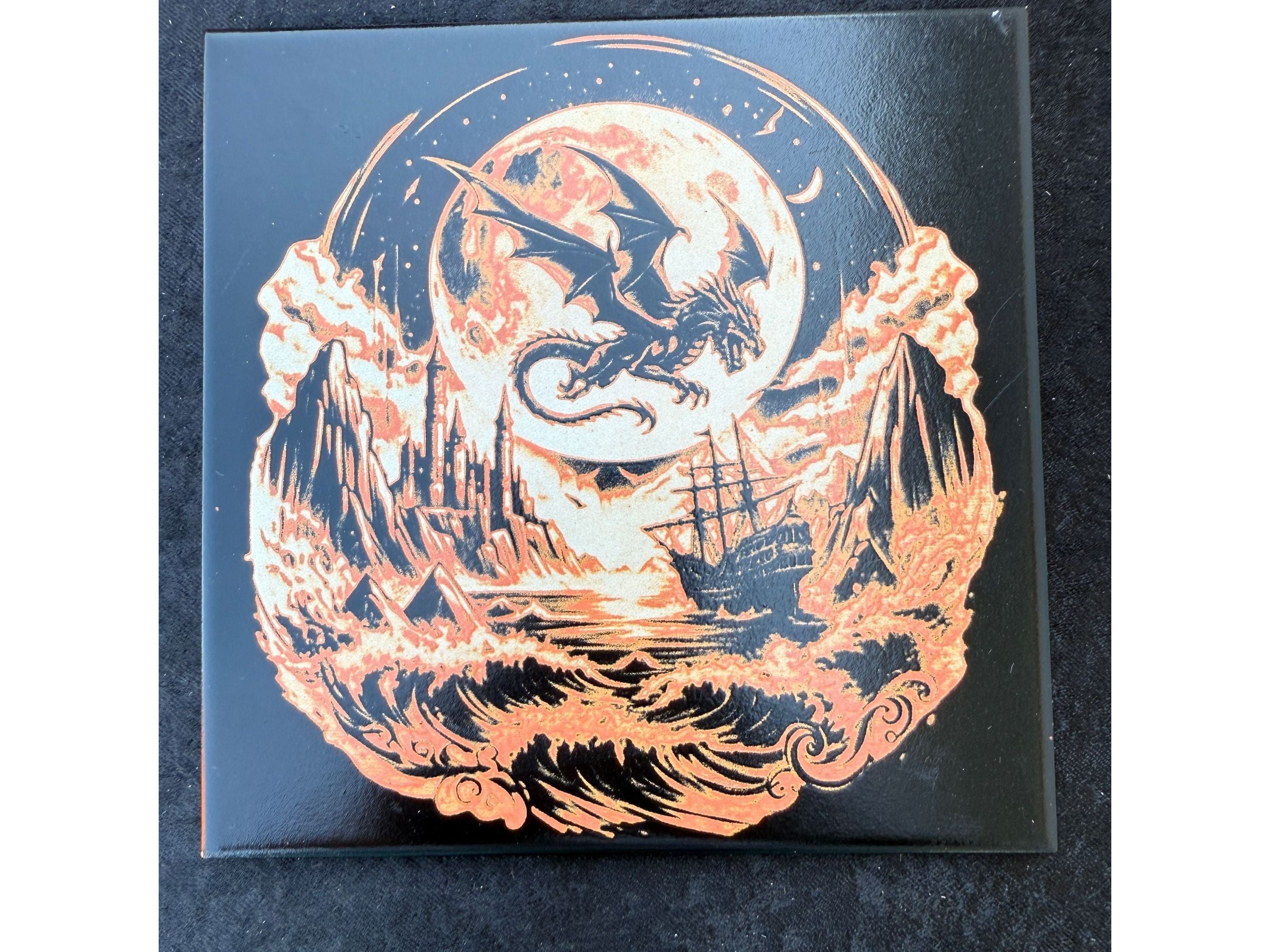 Mystical Dragon Ship Laser Engraved Tile | Moon & Sea Fantasy Art | Gothic Home Decor 8x8