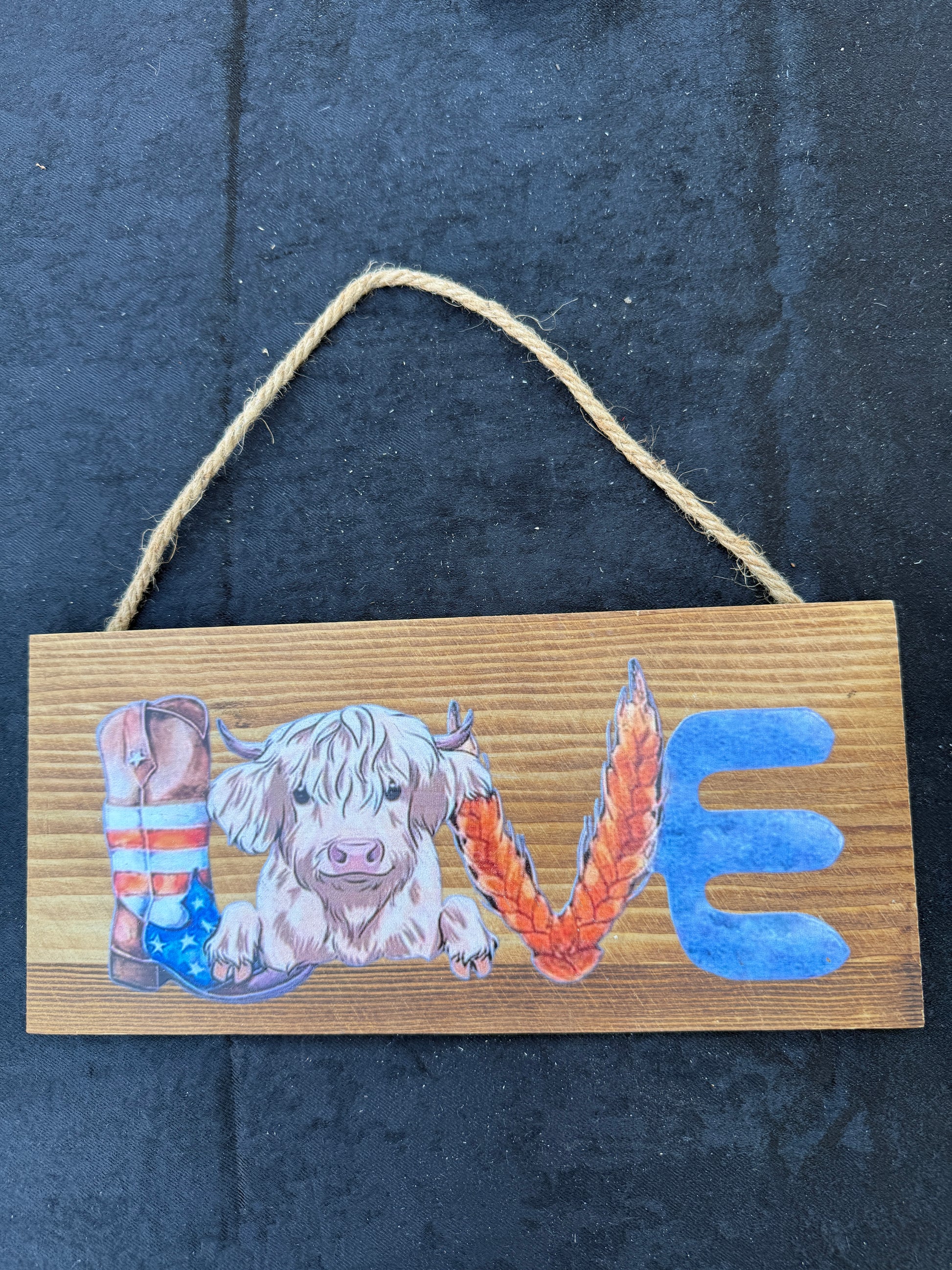 Rustic Highland Cow LOVE Sign | Western Farmhouse Wall Decor | Country Home Hanging Plaque-12x51/2inches