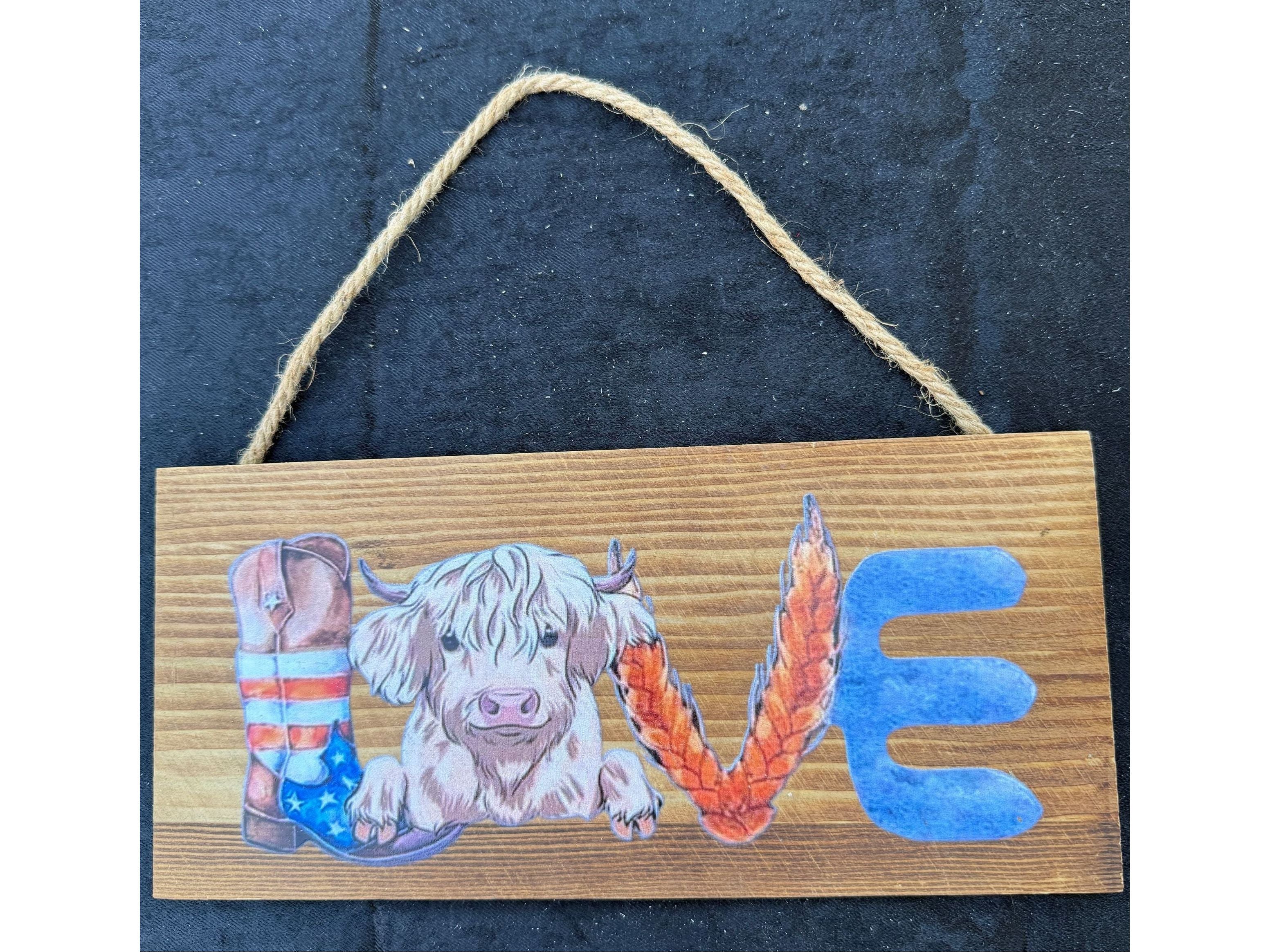 Rustic Highland Cow LOVE Sign | Western Farmhouse Wall Decor | Country Home Hanging Plaque-12x51/2inches