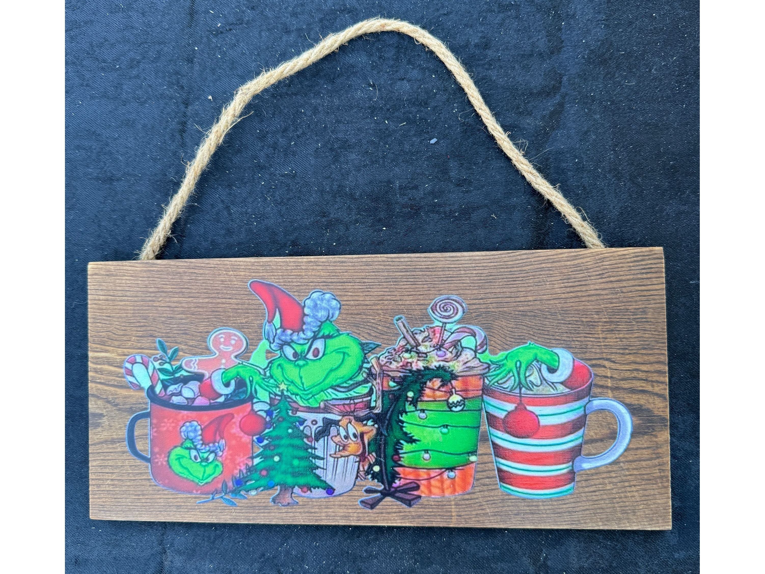 Grinch Hot Cocoa Christmas Sign | Funny Holiday Wall Decor | Rustic Wood Hanging Plaque- 12x51/2inches