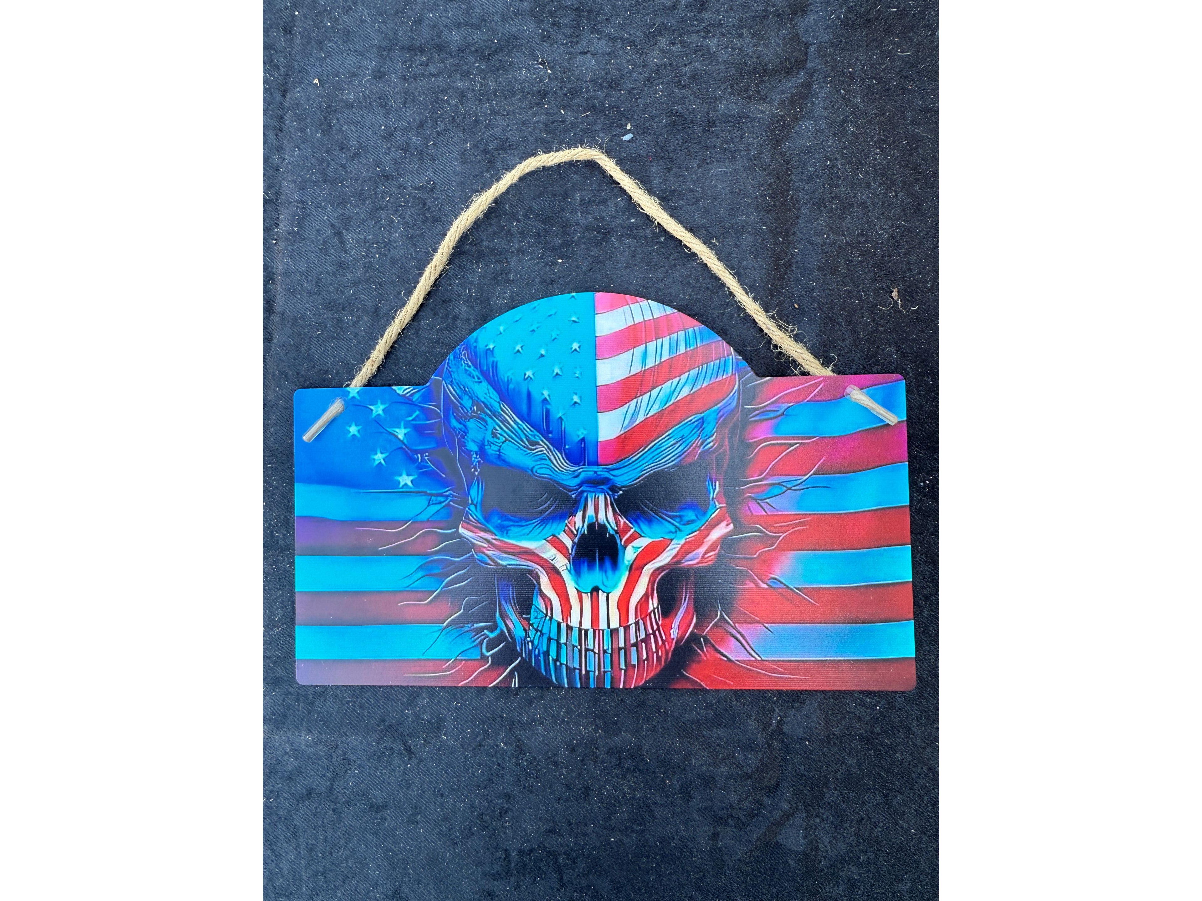 Patriotic American Flag Skull Tin Sign – Rustic Metal Wall Art with Jute Hanger