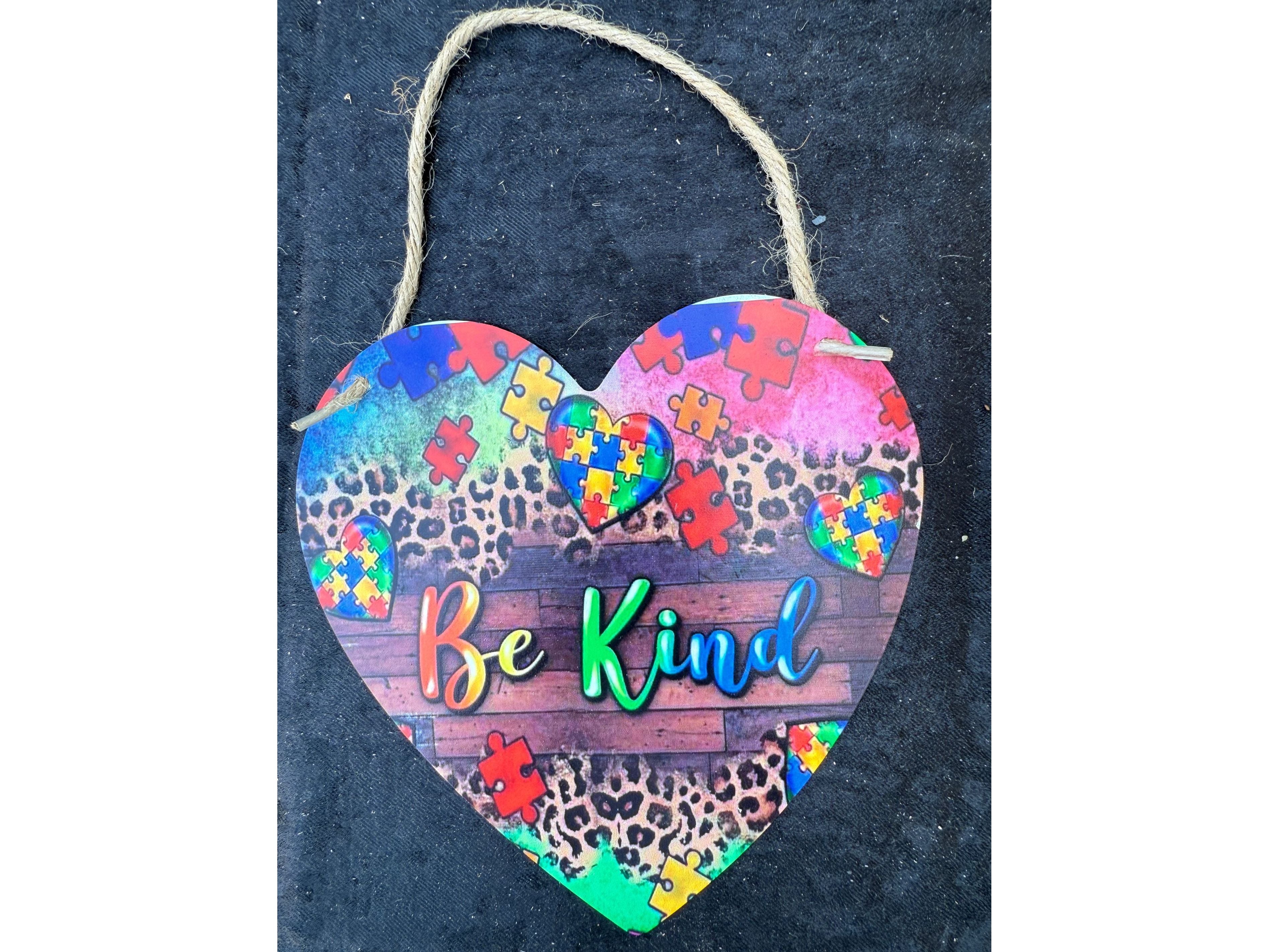 Colorful “Be Kind” Heart Tin Sign – Autism Awareness Puzzle Design with Leopard Print